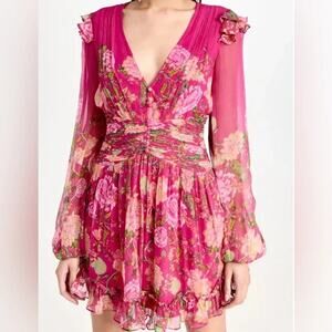 Rococo Sand Womens Chloe Dress Ruffle Hem Long Sleeve Floral Fuchsia Pink XL